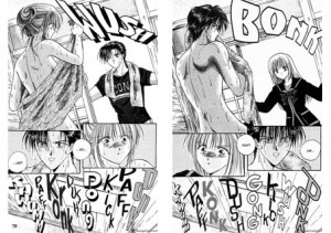 These are some comical images from the series. Aya and Yuhi take turns running into each other in the shower since they are living in the same house. (Both times Yuhi gets beat up!)