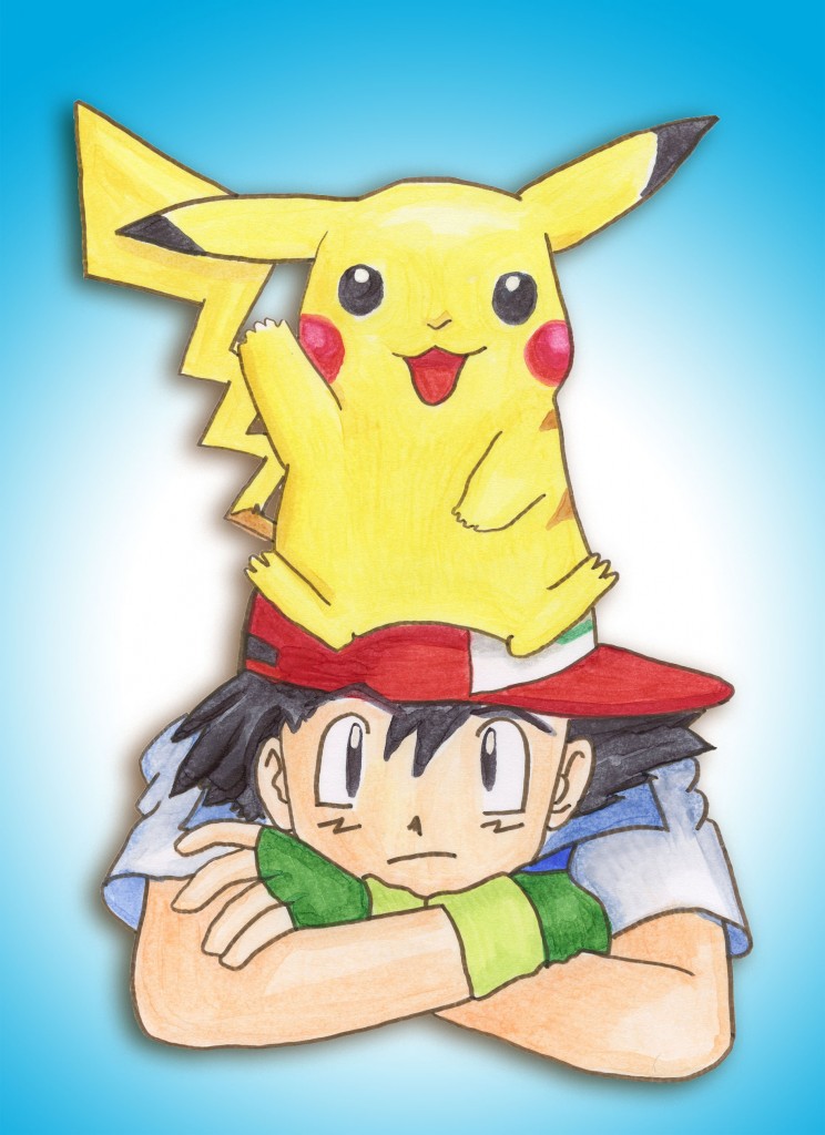 Ash and Pikachu One of my first attempts with the copics. I added a digital background.